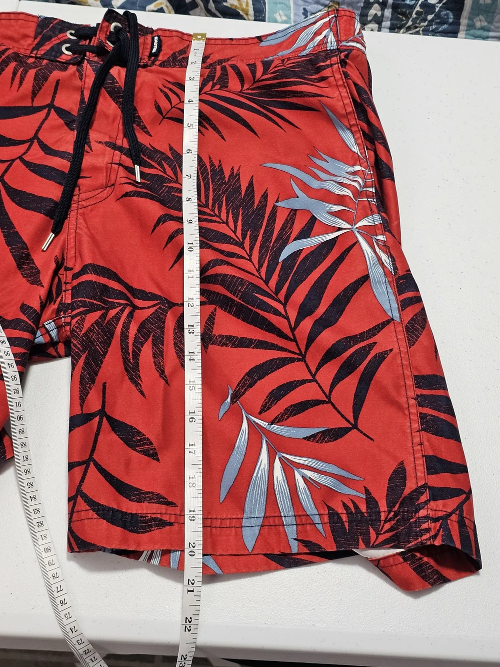 Nautica Red Swim Shorts with Black and Light Blue Tropical Leaf Print Large